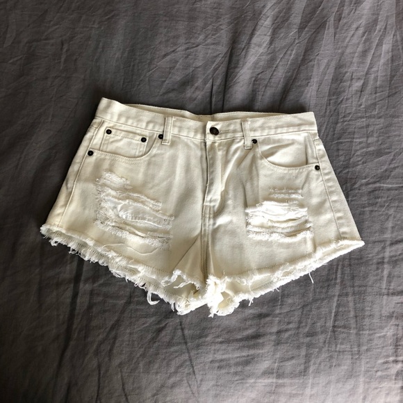 Forever 21 Pants - Forever 21 Distressed High Waisted Cream Shorts 28